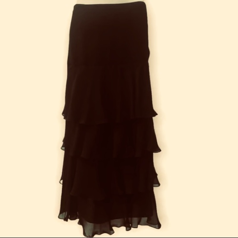 Lauren Ralph Lauren Black Silk Chiffon Lined Layered Ruffle Maxi Skirt sz 14